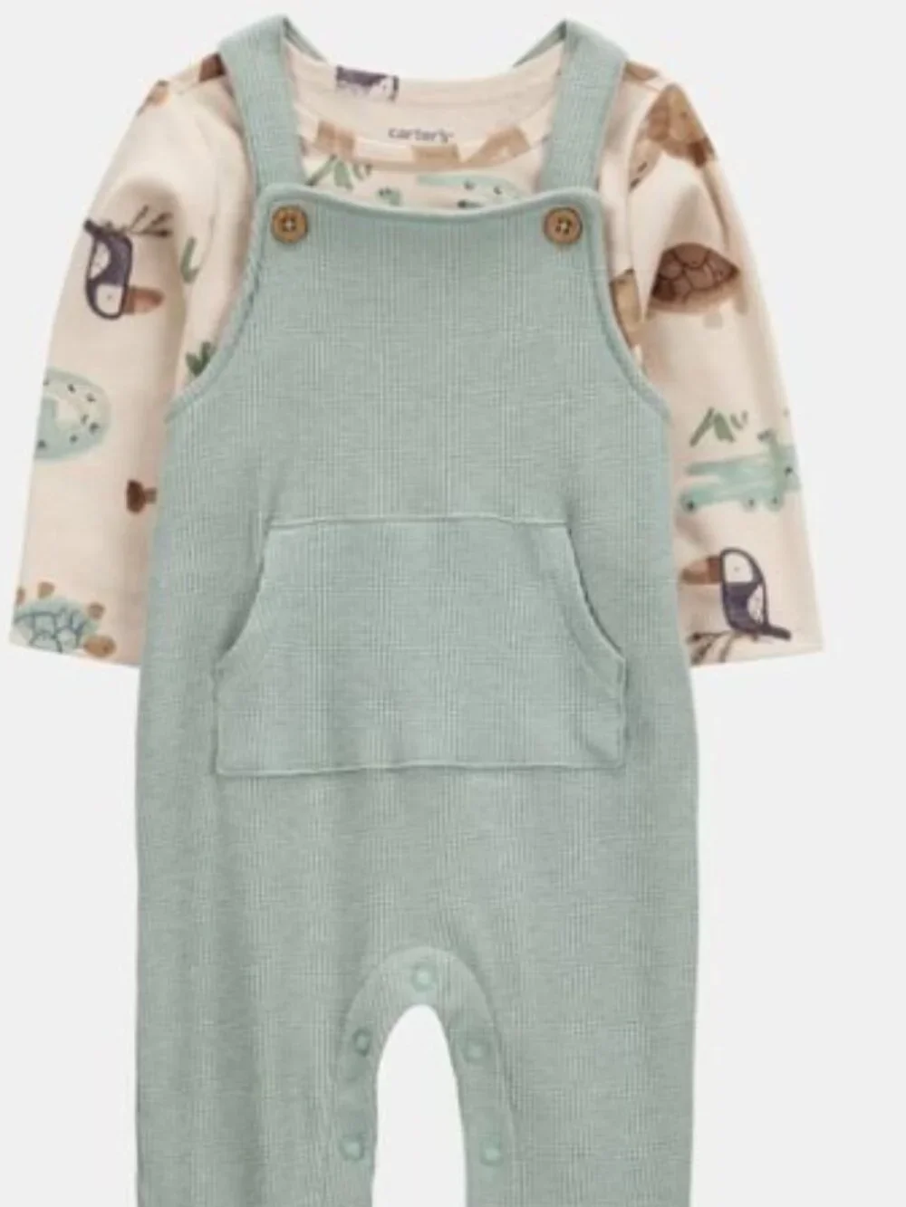 NWT Carter’s Baby Boy Outfit 12 Months Green Overalls Animal Print Shirt 2PC Set - Picture 2 of 7